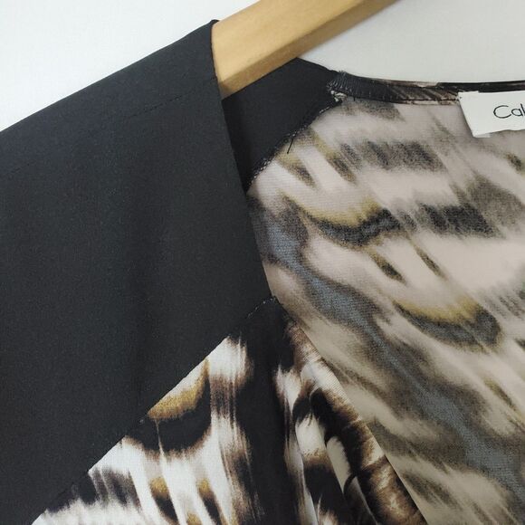 Calvin Klein Cowl Neck Top Size S Black Beige Brown Sleeveless Drawstring Waist - Picture 3 of 11